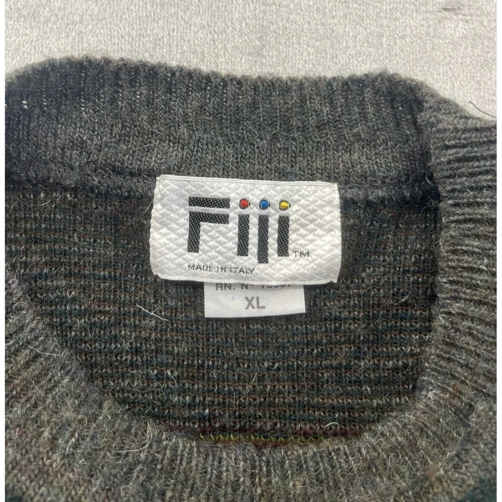 Fiii Sweater Men XL Brown Geometric Crew Neck Wool Acrylic Blend Pullover Italy